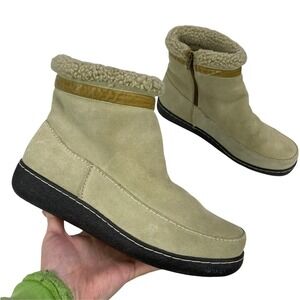 Land's End Womens Size 10 Cream Suede & Fleece Lined Winter Ankle Botties Boots